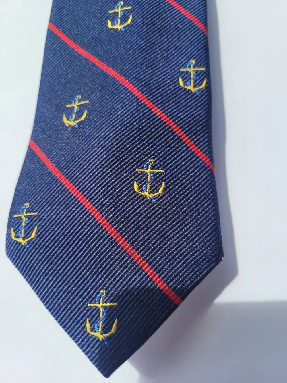 J Crew Men's 100% Silk Tie Anchor Striped Classic Navy Blue & Red Embroidered